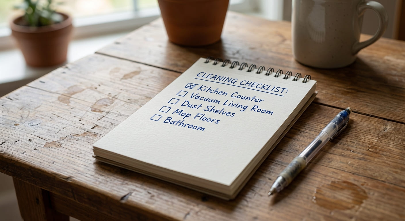 Блокнот с чек-листом уборки на деревянном столе
