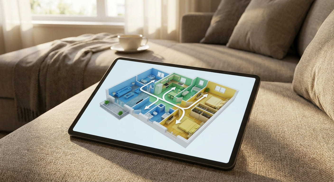 План квартиры с выделенными зонами уборки и направлениями движения