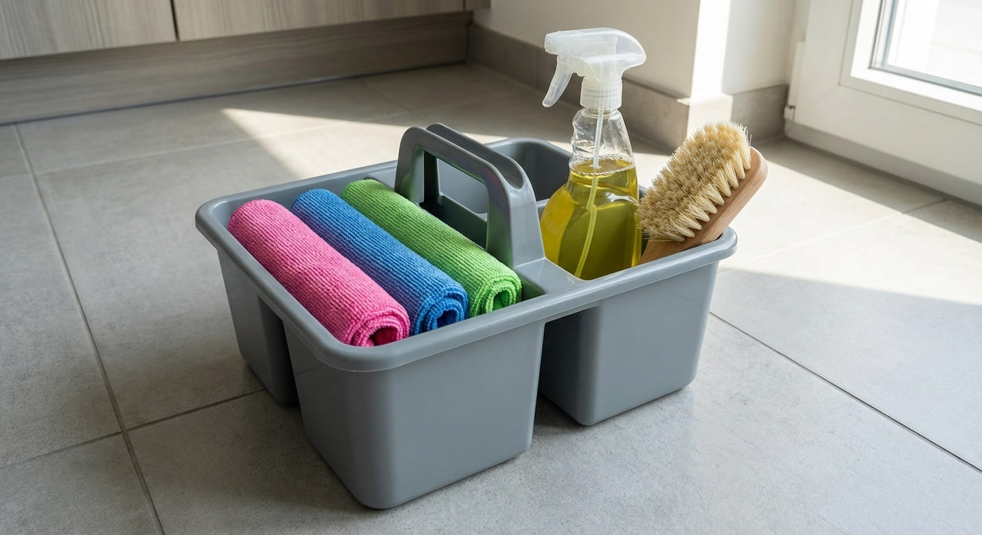 Набор инструментов для уборки организованный по типам поверхностей