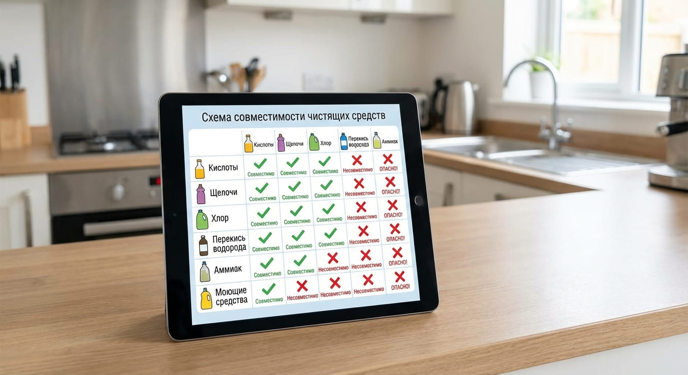 Схема совместимости чистящих средств с различными типами поверхностей