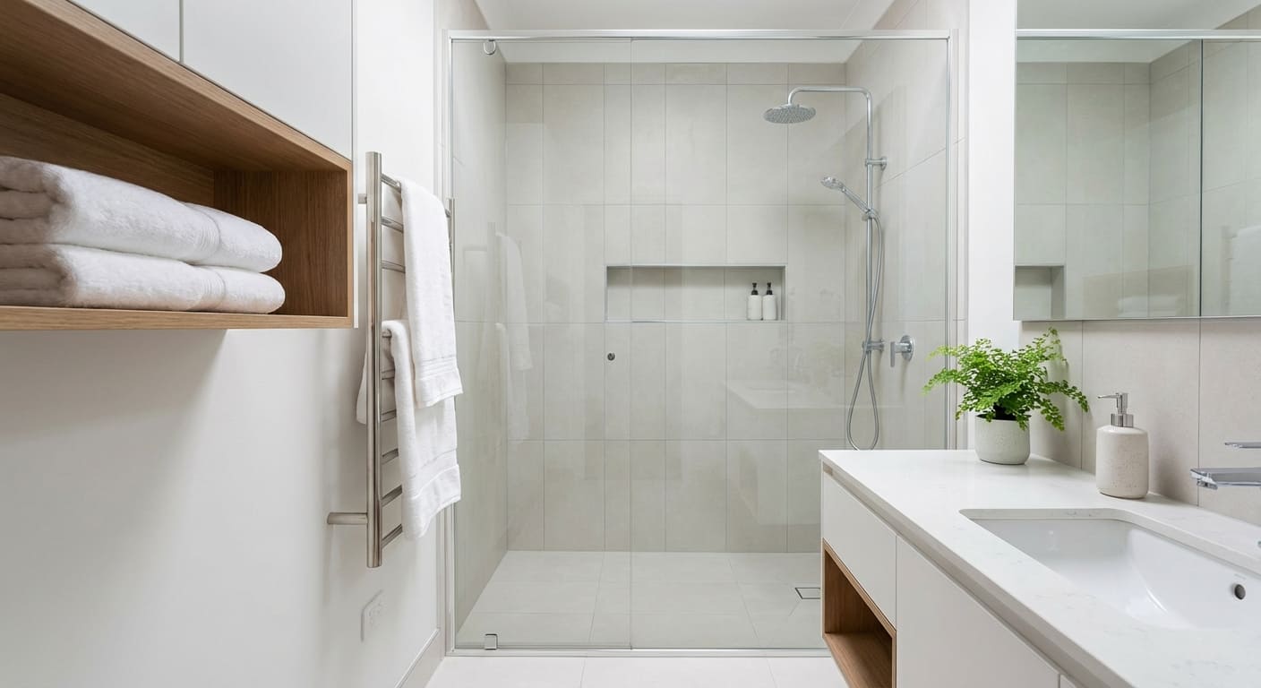 Организованная ванная комната с чистыми поверхностями